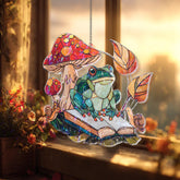 Frog Acrylic Suncatcher, Stained Glass Style Mushroom Book and Snail Window Hanging, Whimsical Cottagecore Nature Reading Lover Gift